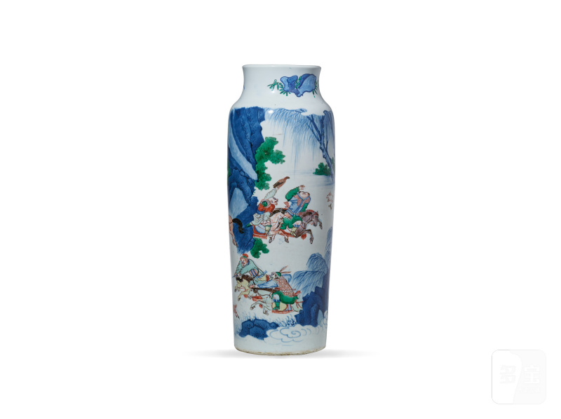 明崇祯 青花五彩狩猎图筒瓶